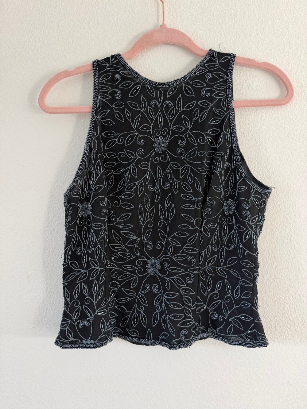 Vintage Laurence Kazar Women’s Beaded Embroidered Black Floral Silk Tank Top